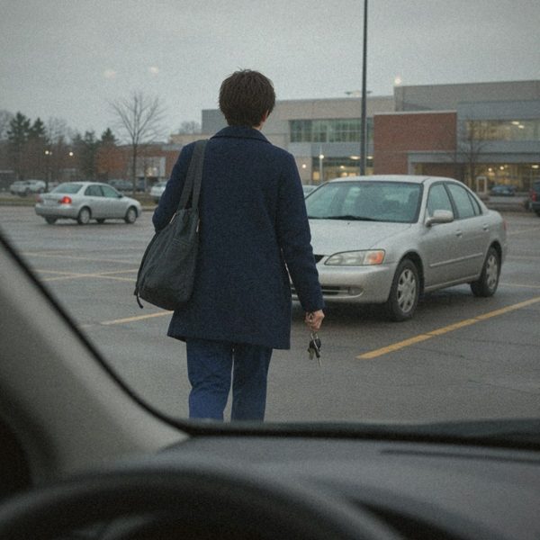 Photo of a woman walking to her car in a parking lot, taken from a car